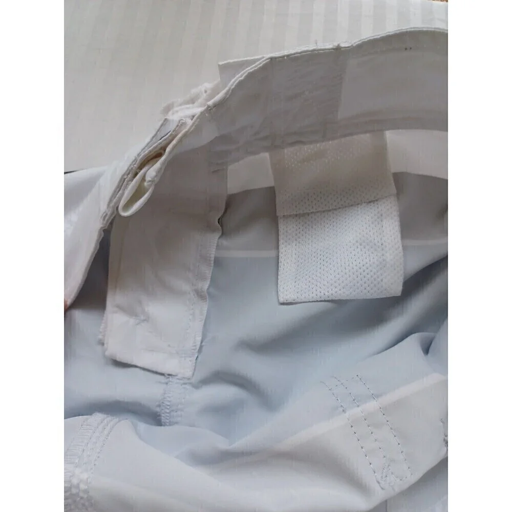 Old Navy mens swim trunks L white blue striped lace-up pockets board shorts flaw